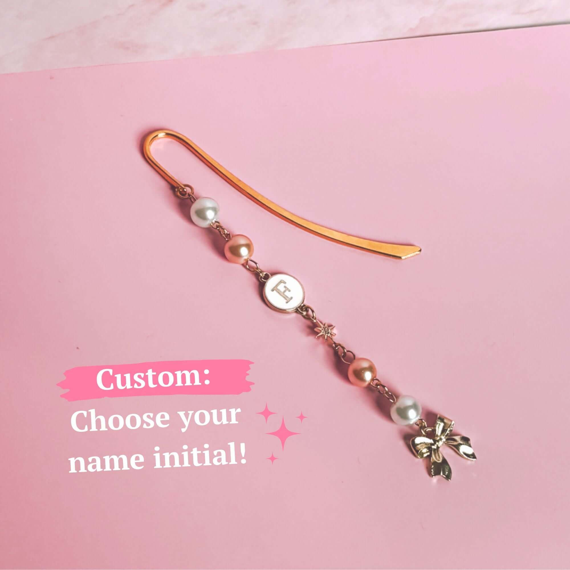 Bow bookmark charm personalized with initials and pearls