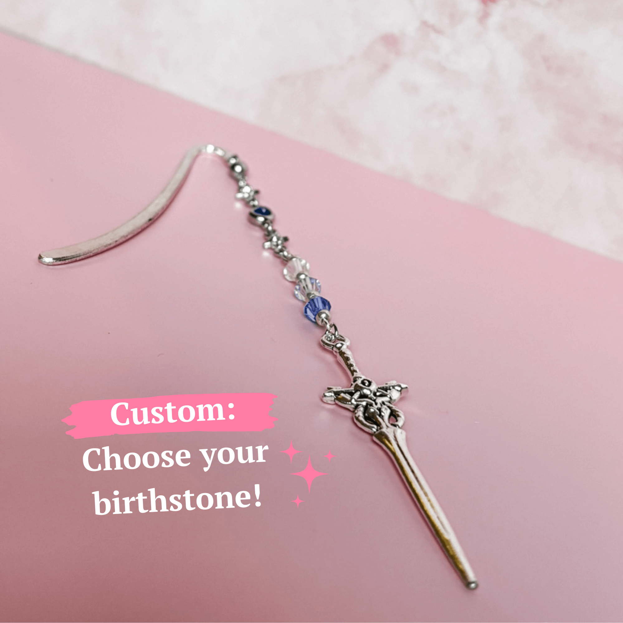 Custom book charm bookmark with birthstone and metal sword