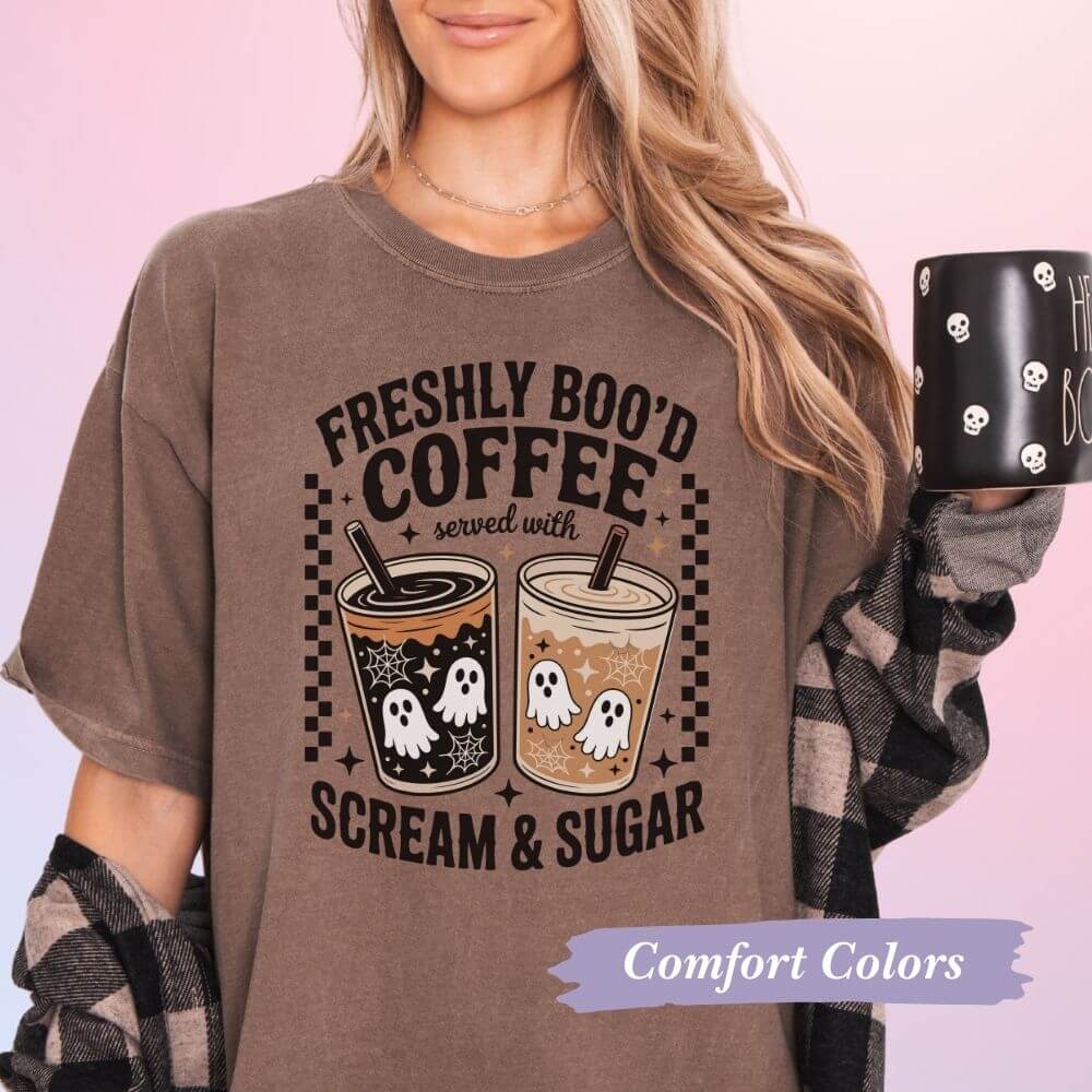 Freshly Boo’d Coffee tee, a cute Halloween t shirt for spooky season.