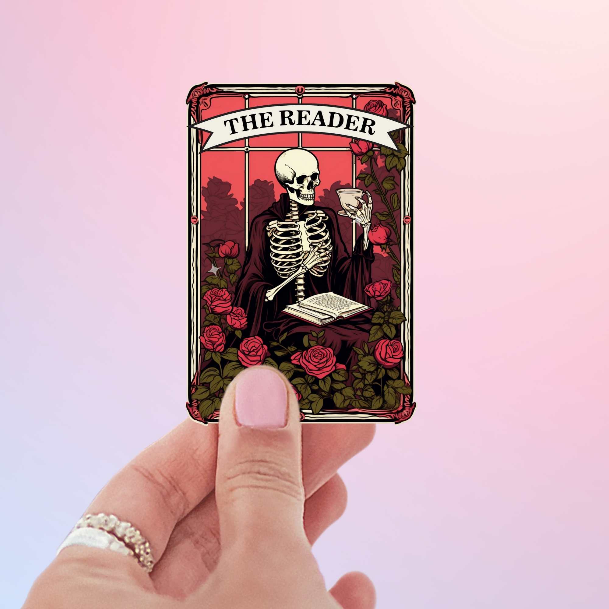 Bookish tarot card sticker with reading skeleton design