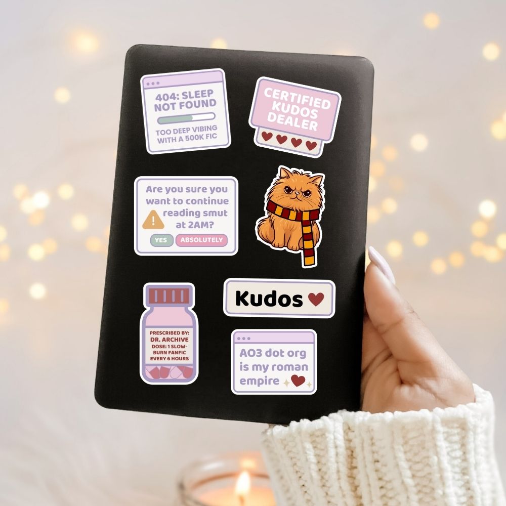 Fanfiction merch stickers with AO3 jokes and aesthetic design