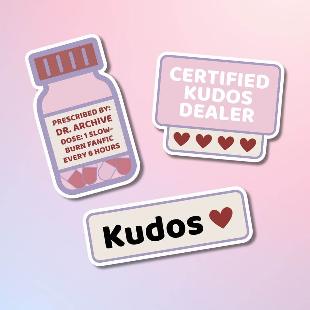 AO3 sticker set with kudos-themed fanfic quotes and pastel design