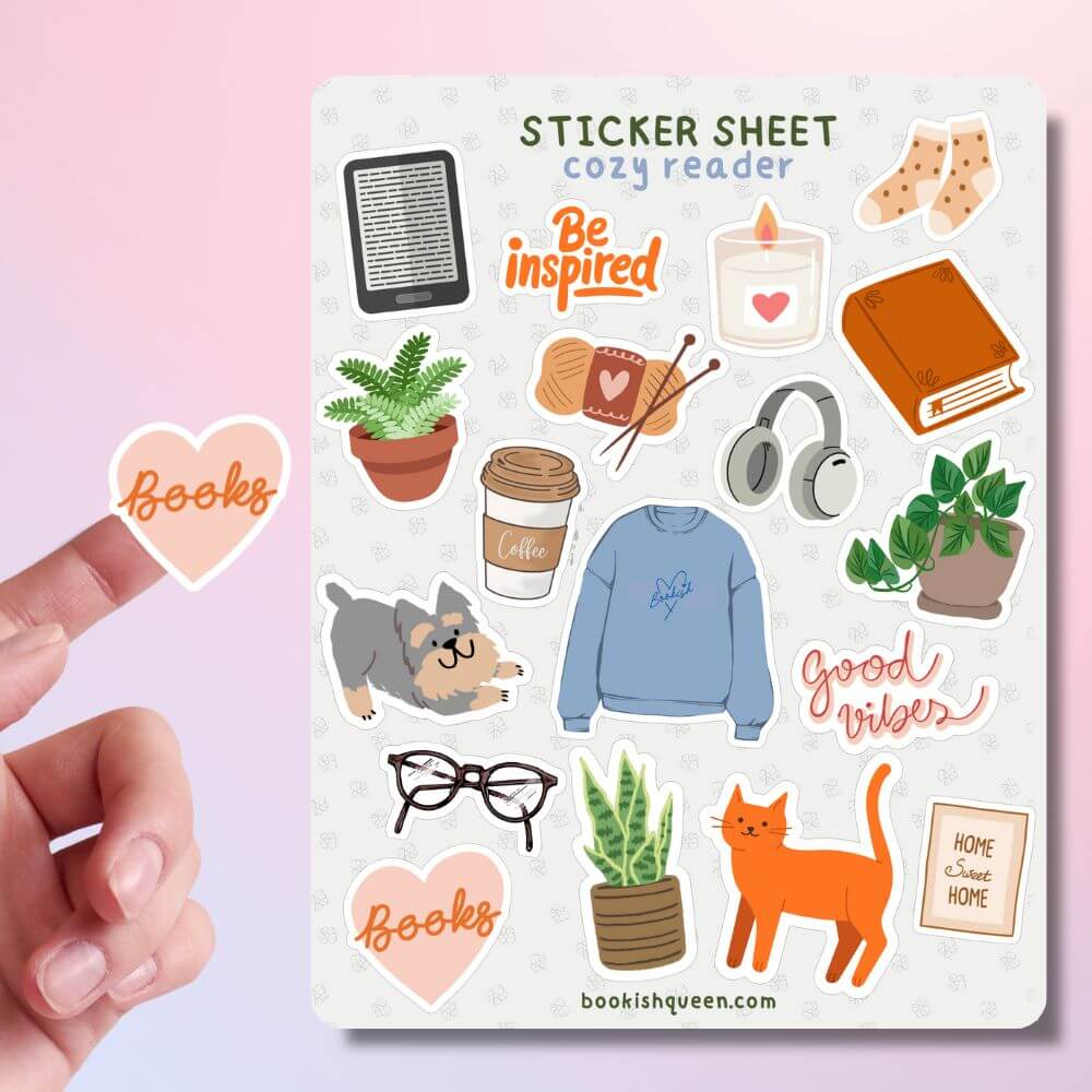 cozy reader sticker sheet with bookish designs