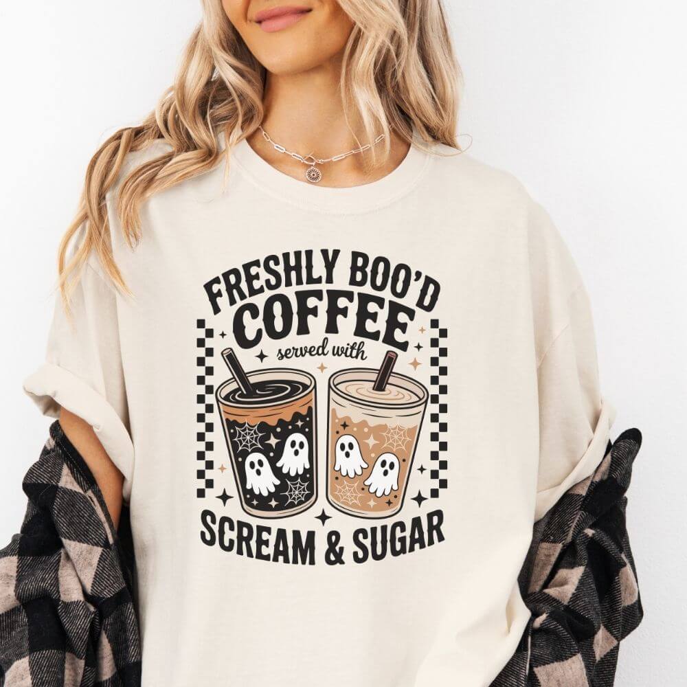 Spooky shirt with coffee and ghost design, perfect fall outfit.