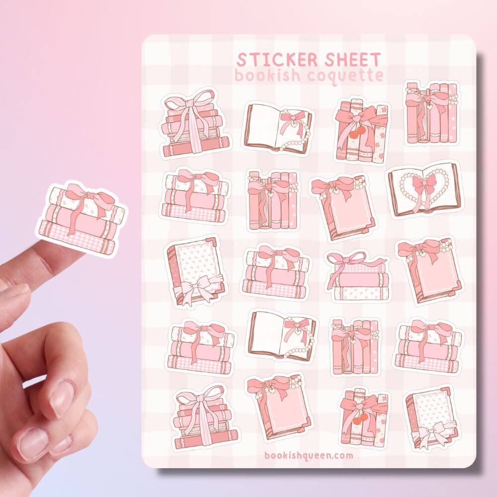 coquette book sticker sheet with pink ribbon designs