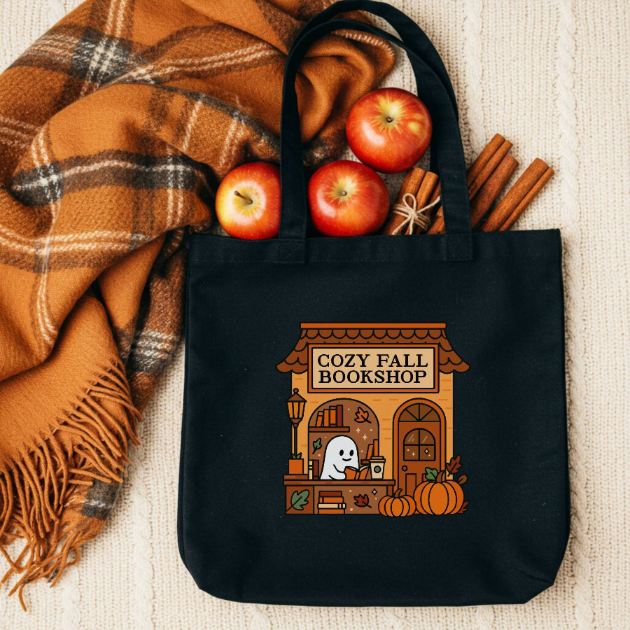 Organic cotton tote with cozy fall vibes design for readers.