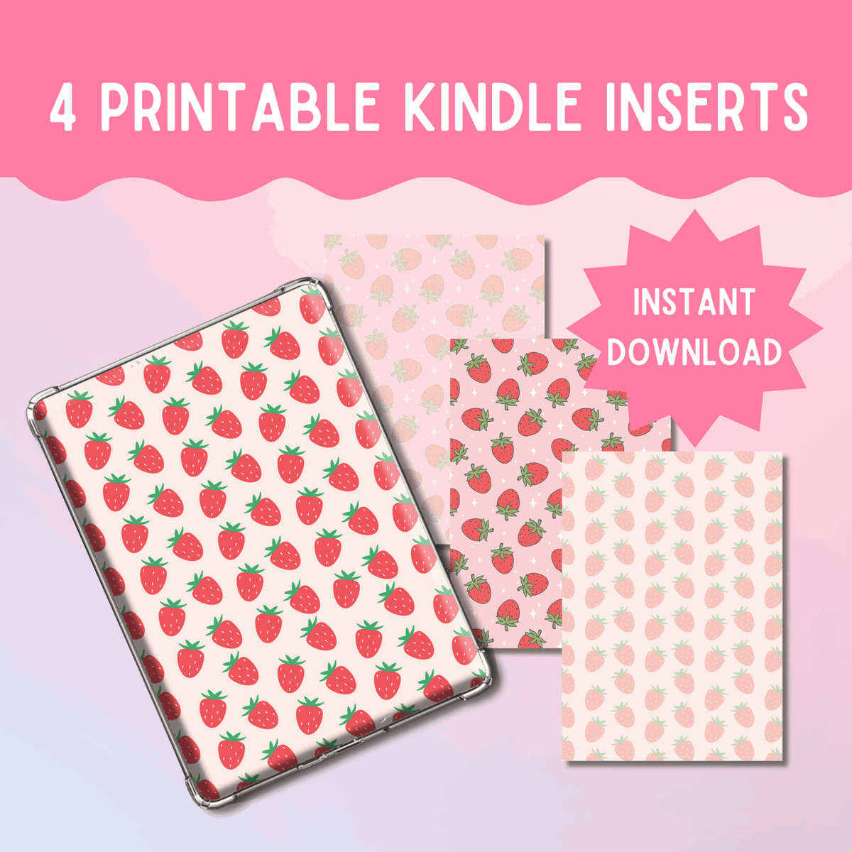 Bookish Queen Kindle Inserts DIGITAL Kindle Case Inserts - Strawberry Core