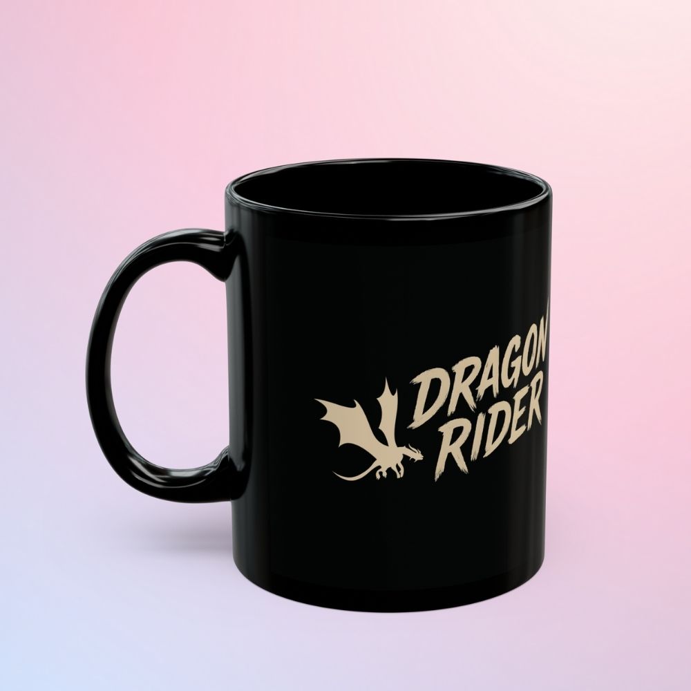Black bookish mug with bold Dragon Rider text and dragon icon