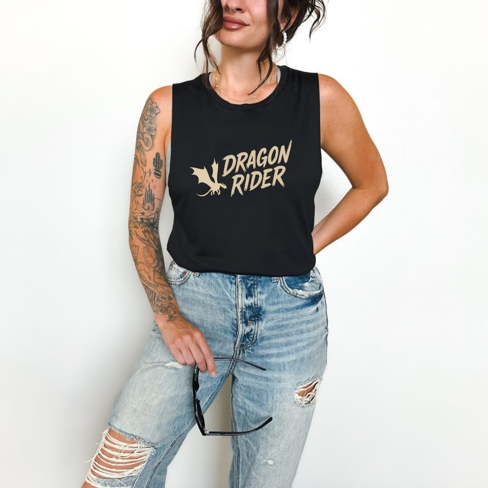 Woman wearing black dragon tank top with Dragon Rider text