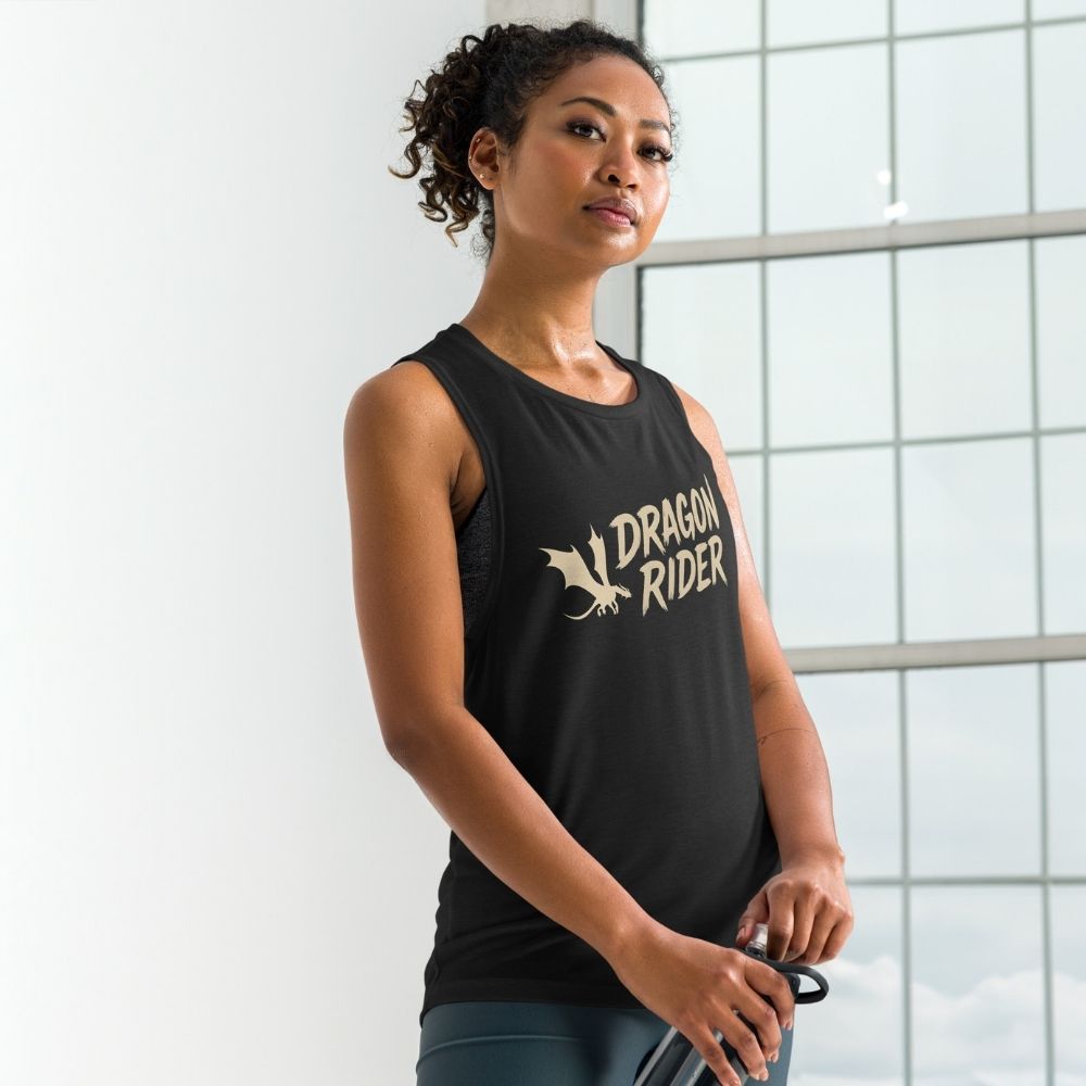Book lover showing off dragon tank top with fantasy lettering