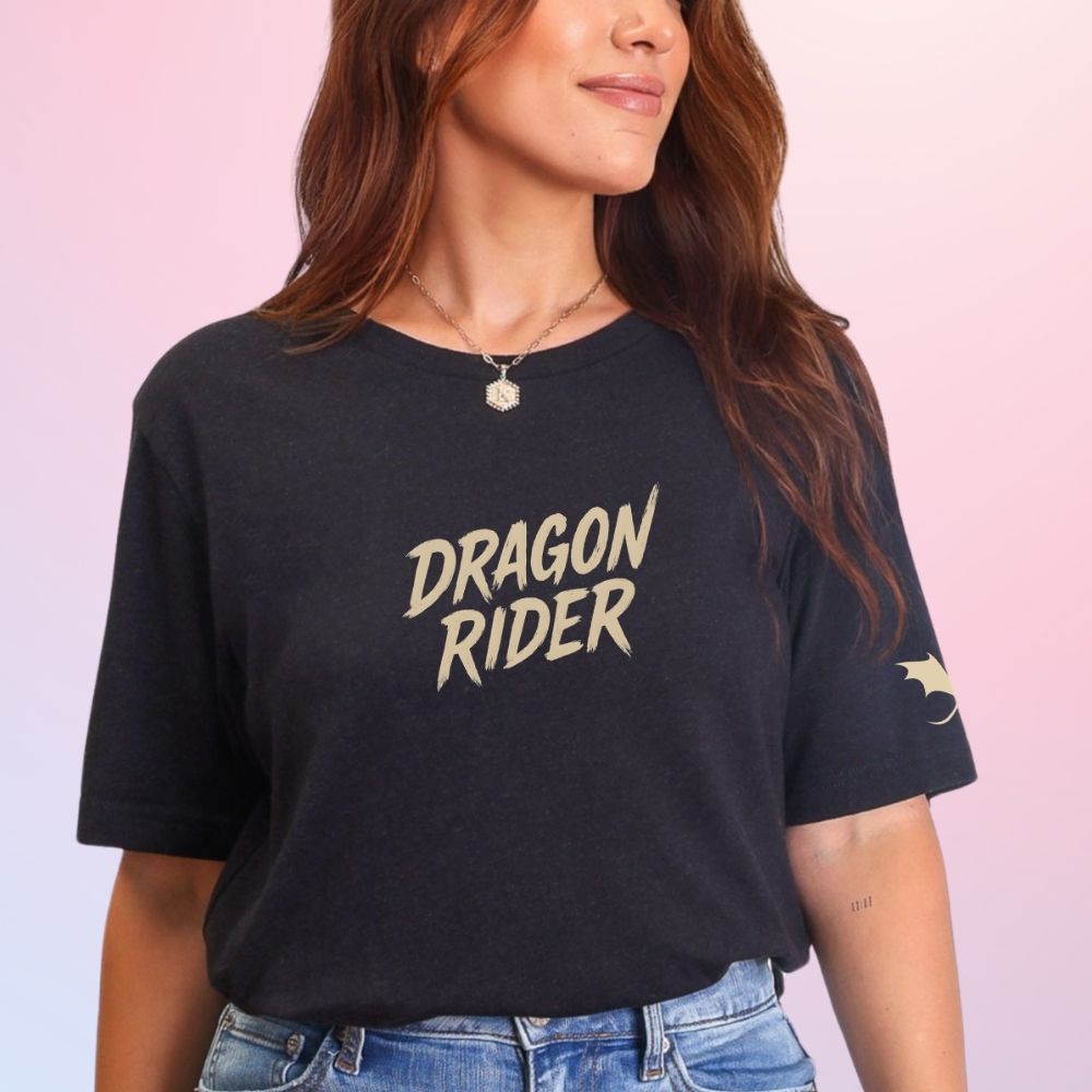 black Dragon Rider bookish tee with dragon sleeve detail