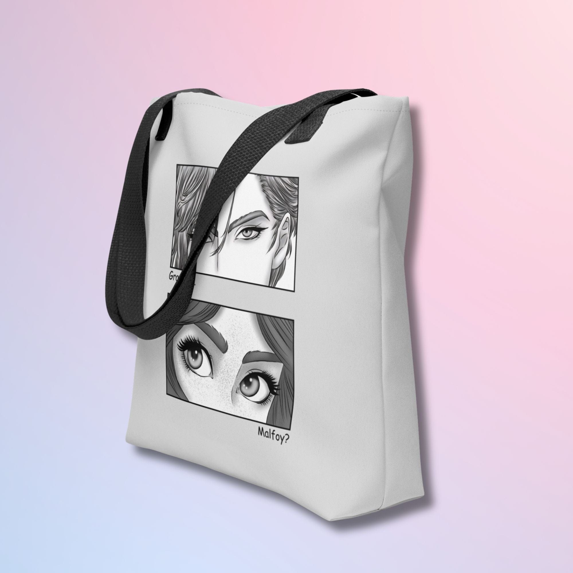 Dramione tote bag with manga-style comic art of Draco and Hermione