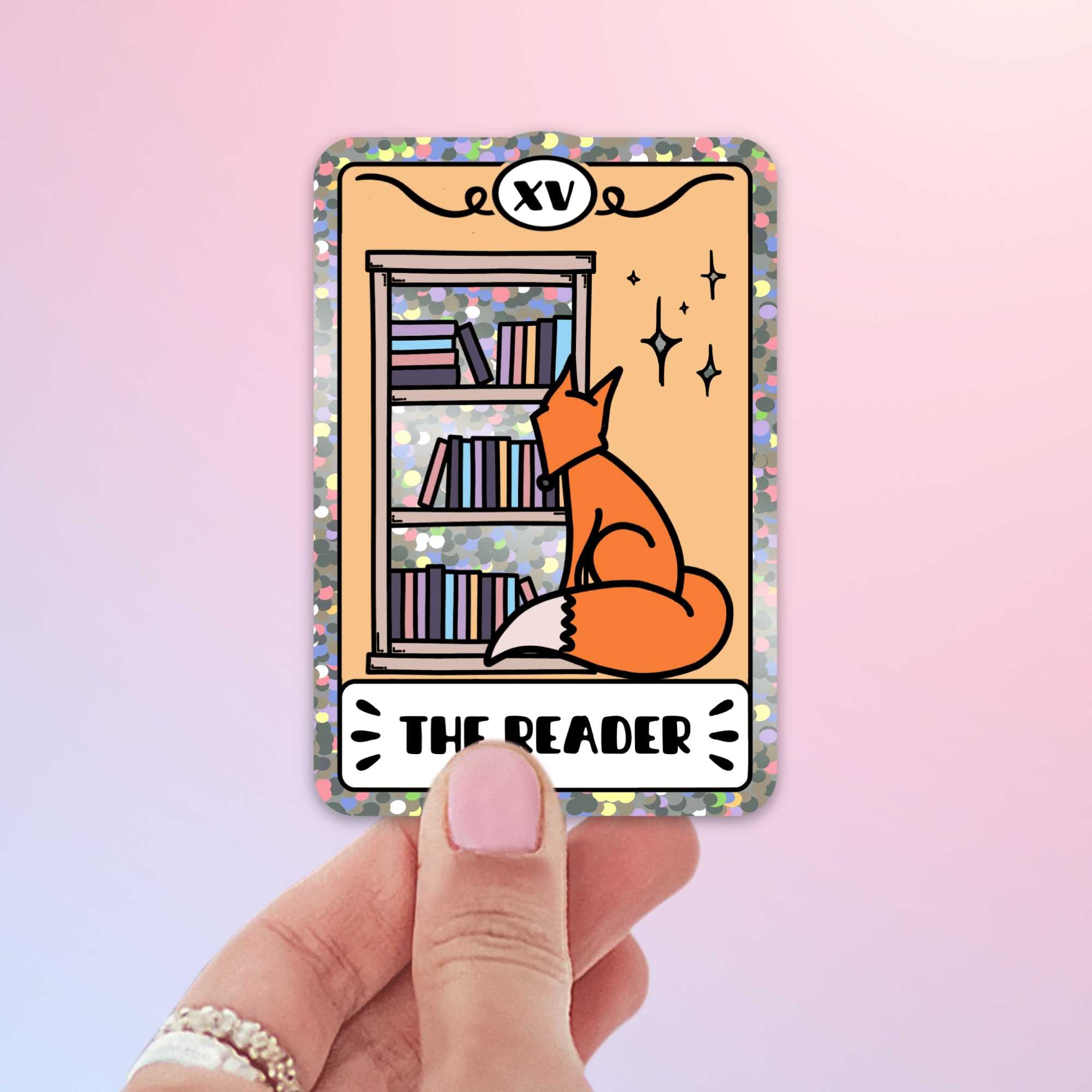 Holographic fox tarot sticker for bookworms and readers