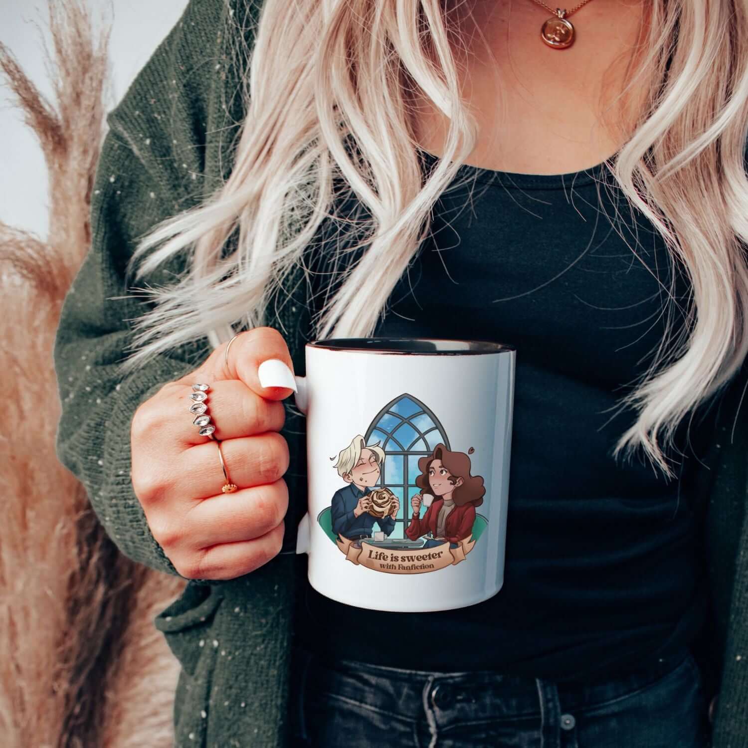 Black handle and black interior mug featuring Dramione artwork