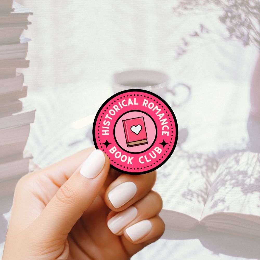 Pink book club badge sticker for Historical Romance readers with an illustrated book and heart icon