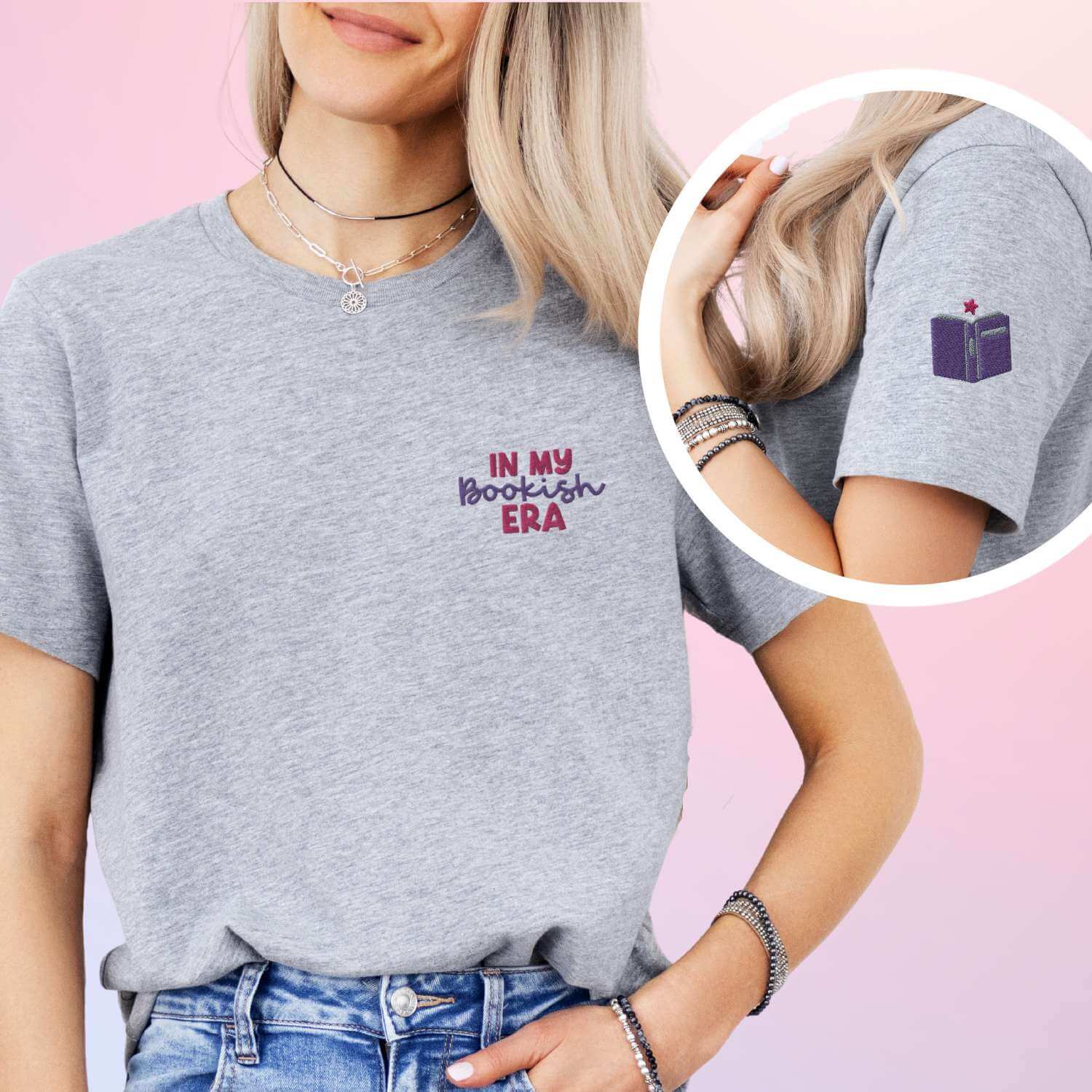 grey tshirt with embroidered on the front "in my bookish era" and a book on the left sleeve, perfect gift for a book lover