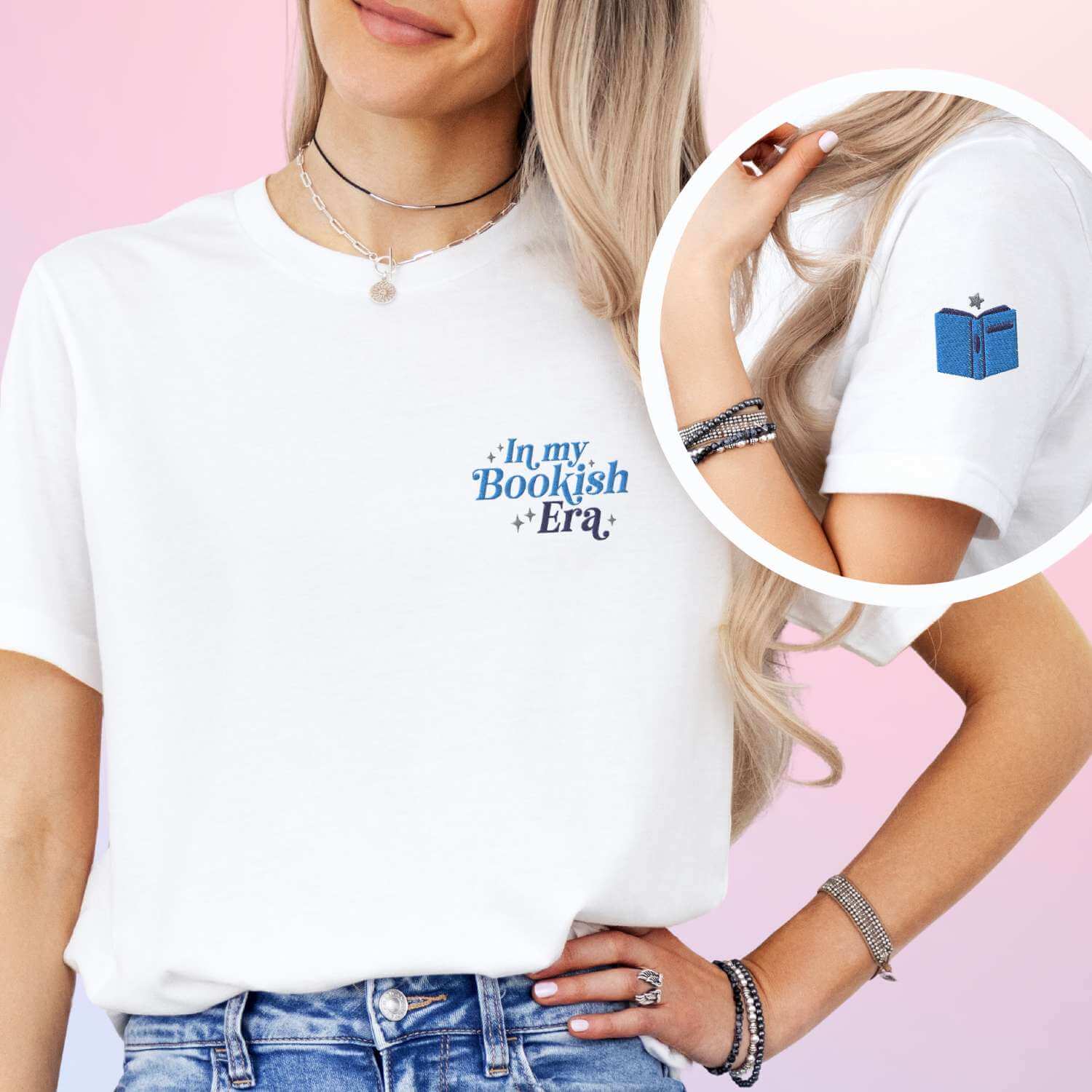 bookish tee with blue embroidery in the front In My Bookish Era and a book on the left sleeve, book club outfit