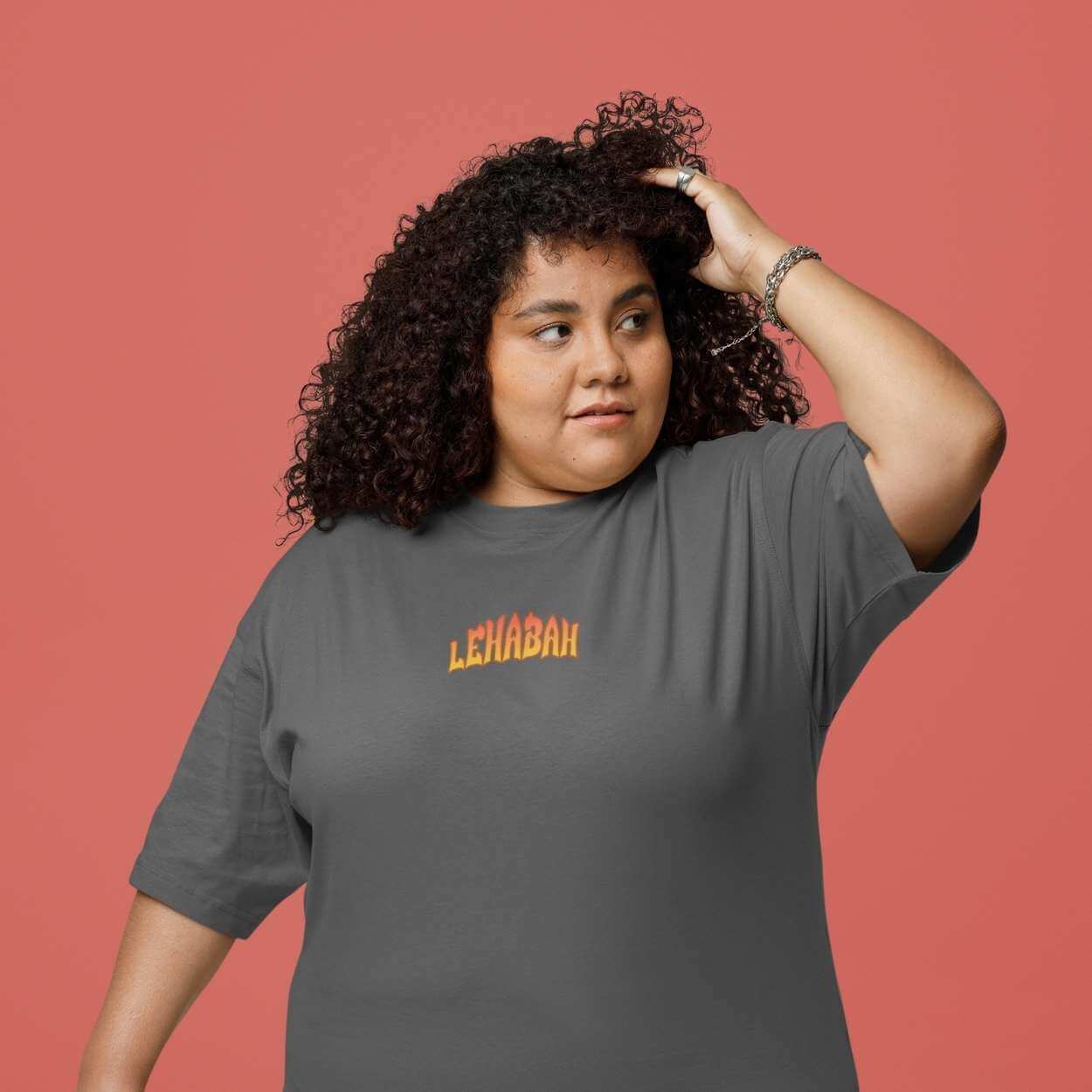 Front of Lehabah shirt with subtle chest text design