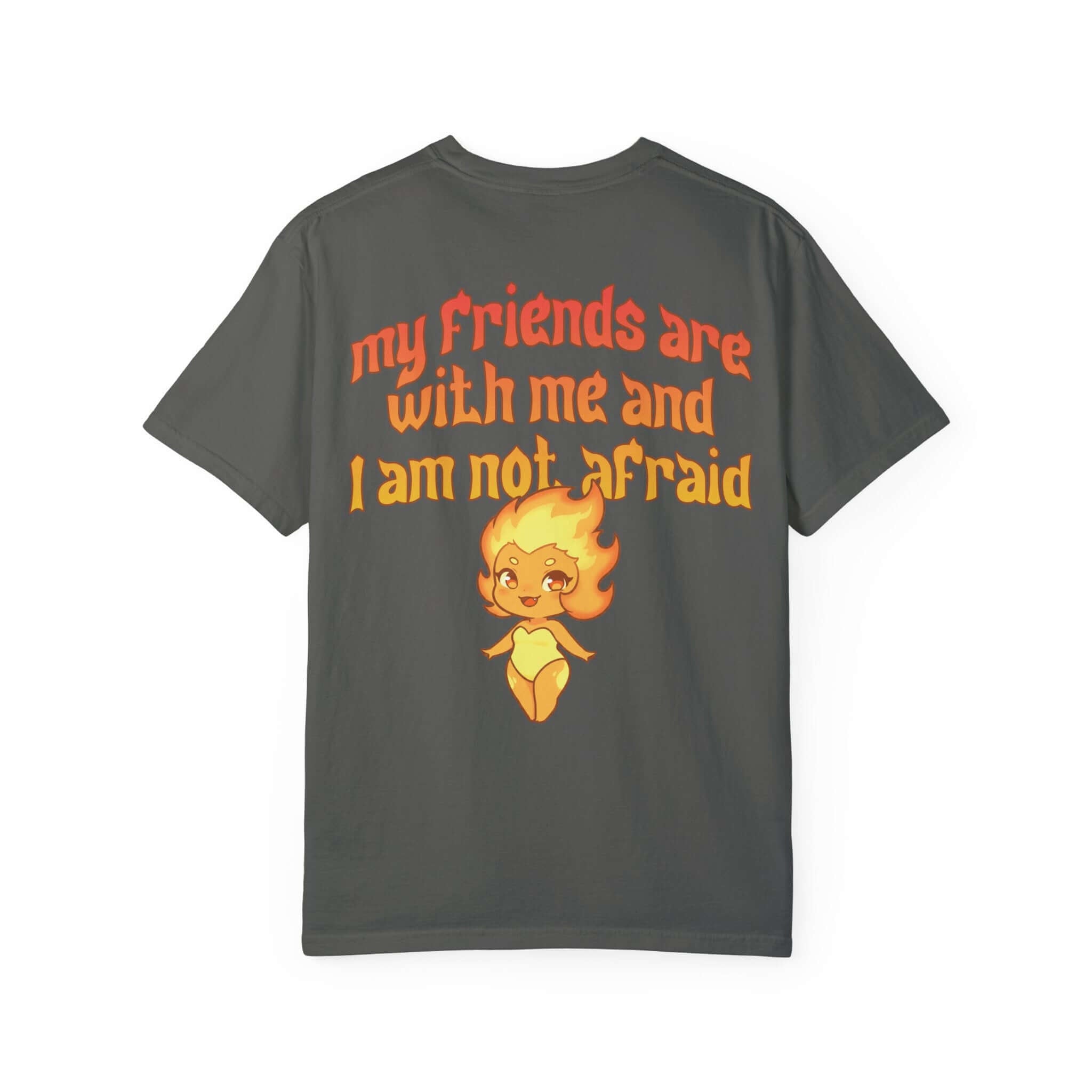 Back of Comfort Colors shirt with Lehabah quote and chibi fire sprite art