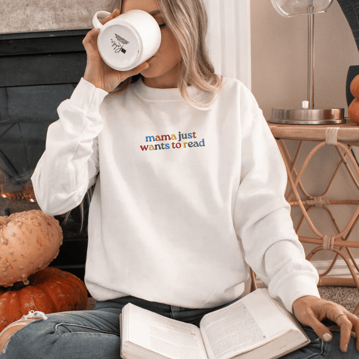 Bookish Queen Sweatshirt White / S Mama Just Wants to Read Embroidered Sweatshirt