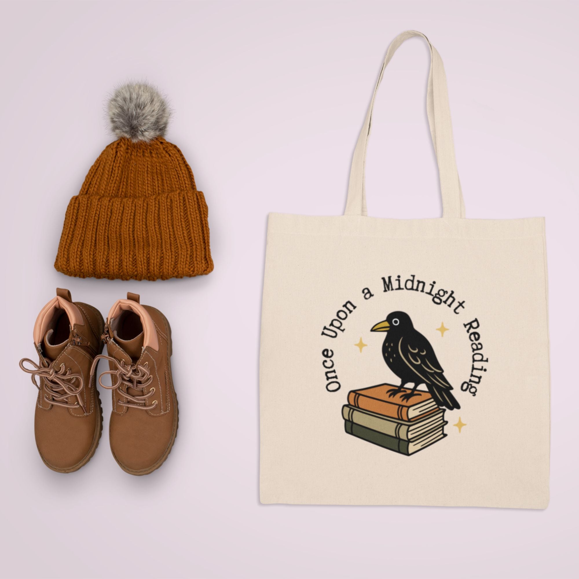 Stylish bookish tote bag with Poe-inspired design, ideal fall accessory.
