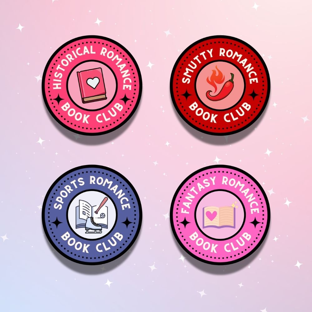 Romance Reader Book Club Stickers featuring badge designs for Historical Romance, Smutty Romance, Fantasy Romance, and Sports Romance in pink, red, purple, and blue colors
