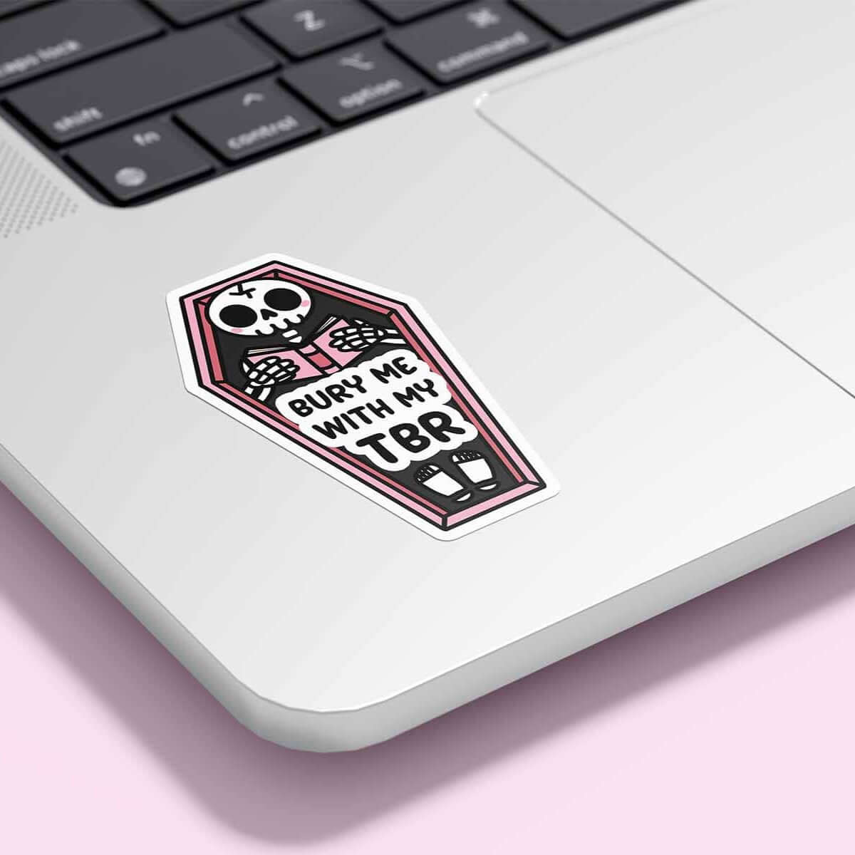 Funny bookish decal with cute skeleton reader design for laptop