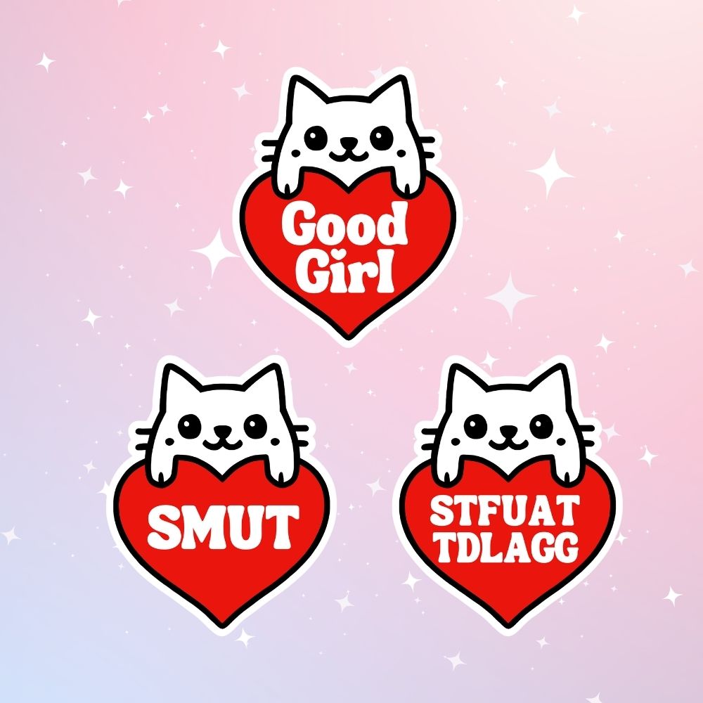 Cute smut cat sticker with red heart and spicy bookish quote