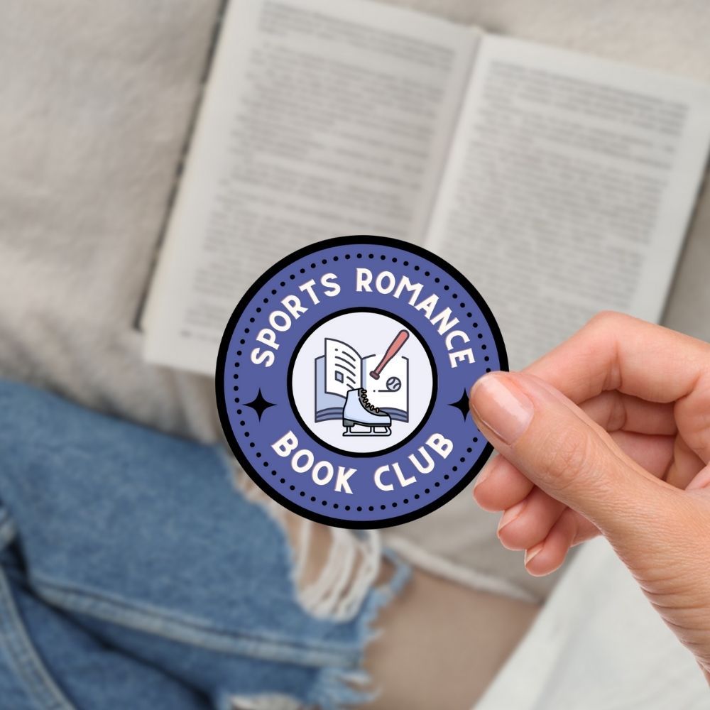 Blue book club badge sticker for Sports Romance fans with a hockey skate, whistle, and open book desig