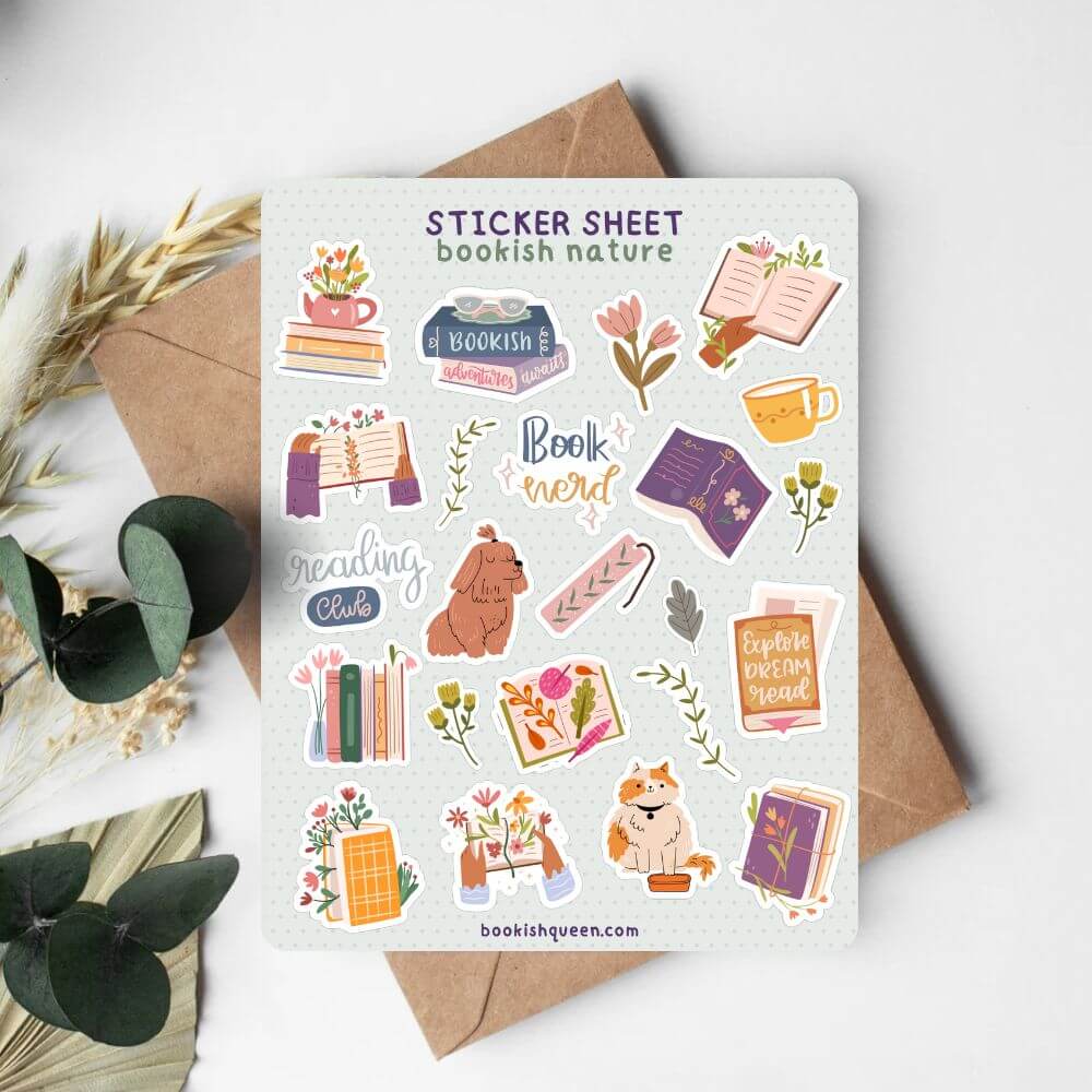kawaii bookish nature sticker sheet with floral designs