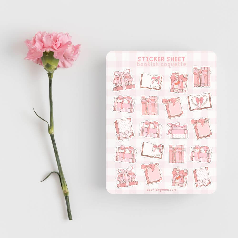 coquette book sticker sheet with pink ribbon designs