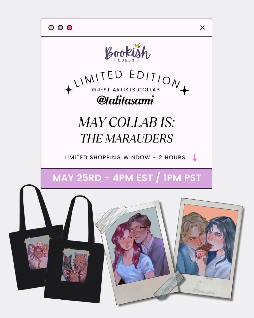 marauders merch collab announcement with stickers and tote bag
