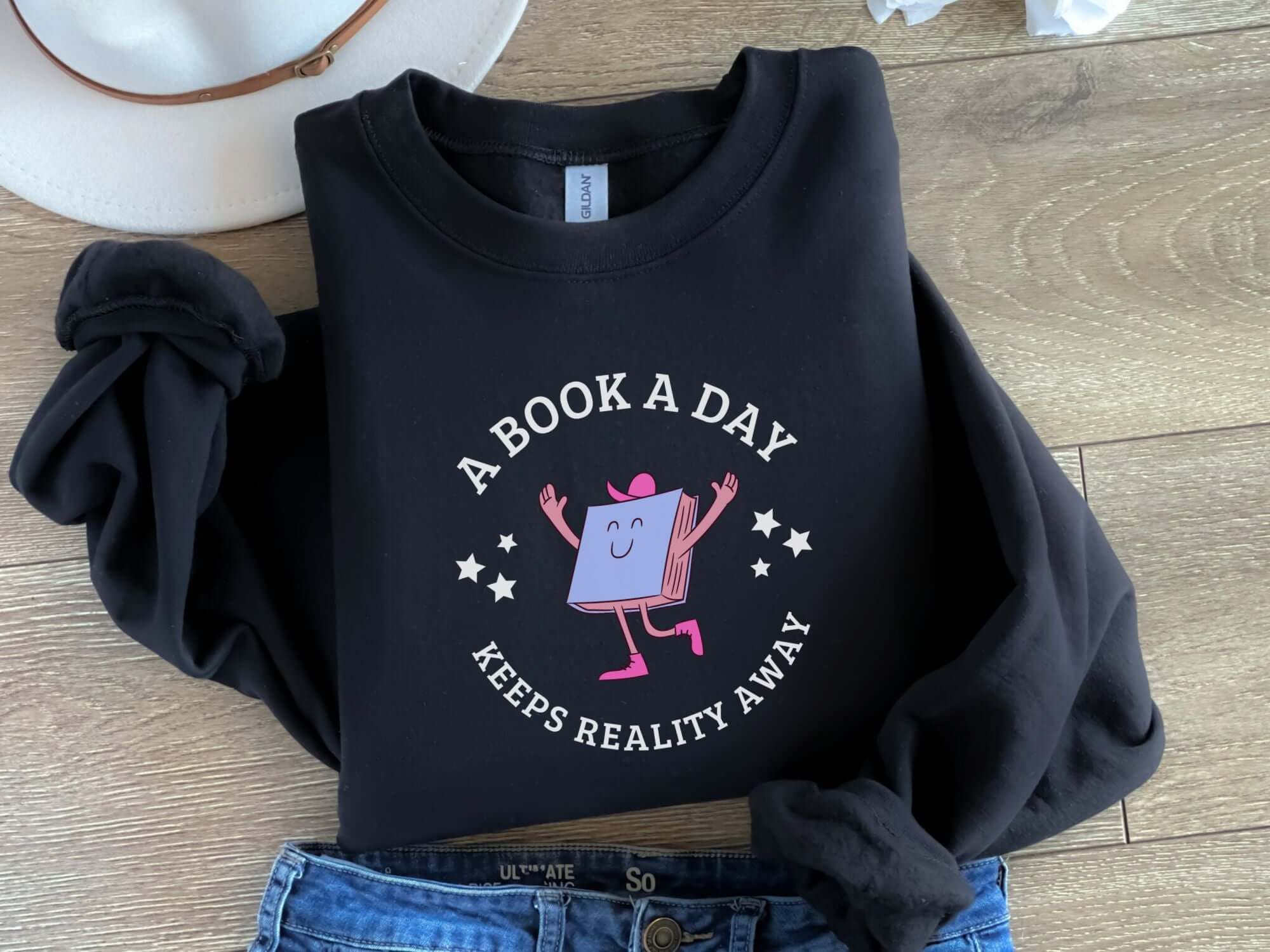 bookish sweatshirt a book a day keeps reality away funny mental health