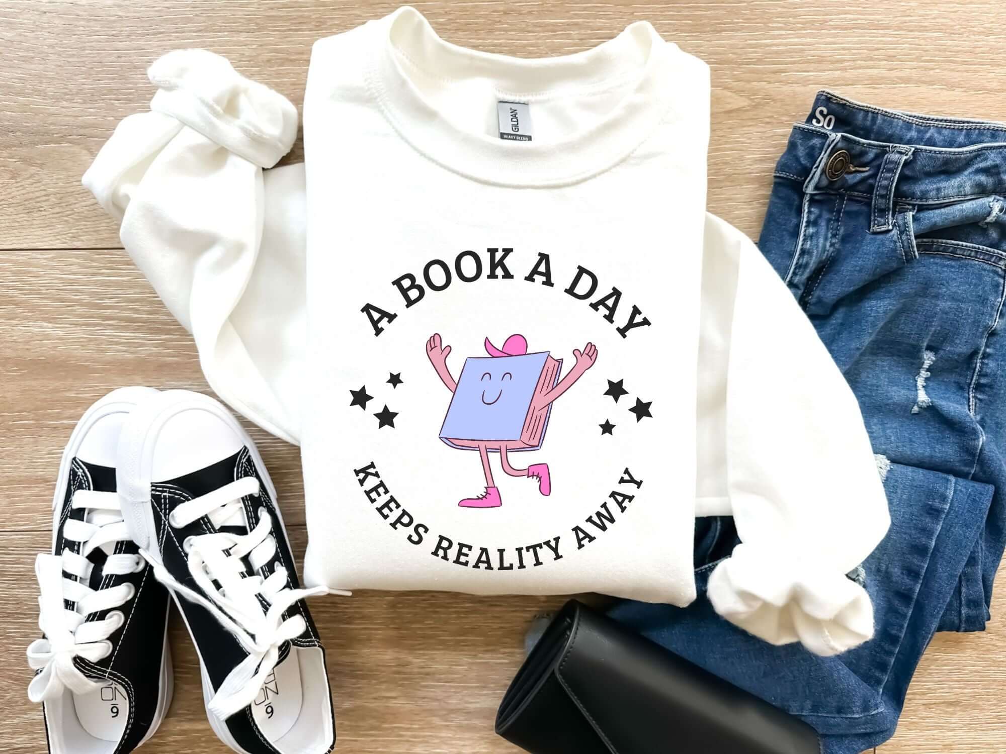 bookish sweatshirt a book a day keeps reality away funny mental health