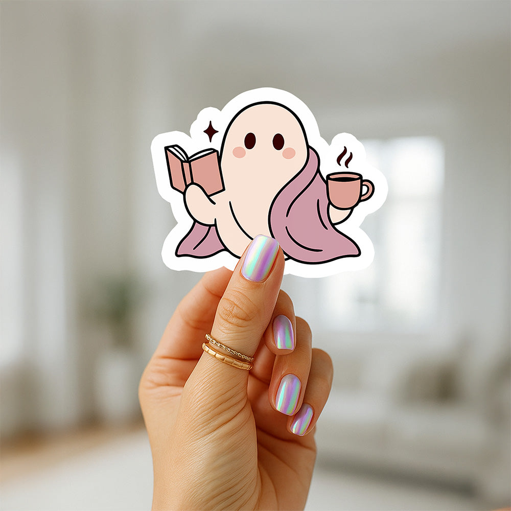 Glossy or glittery cozy ghost sticker for laptops, Kindles, or water bottles