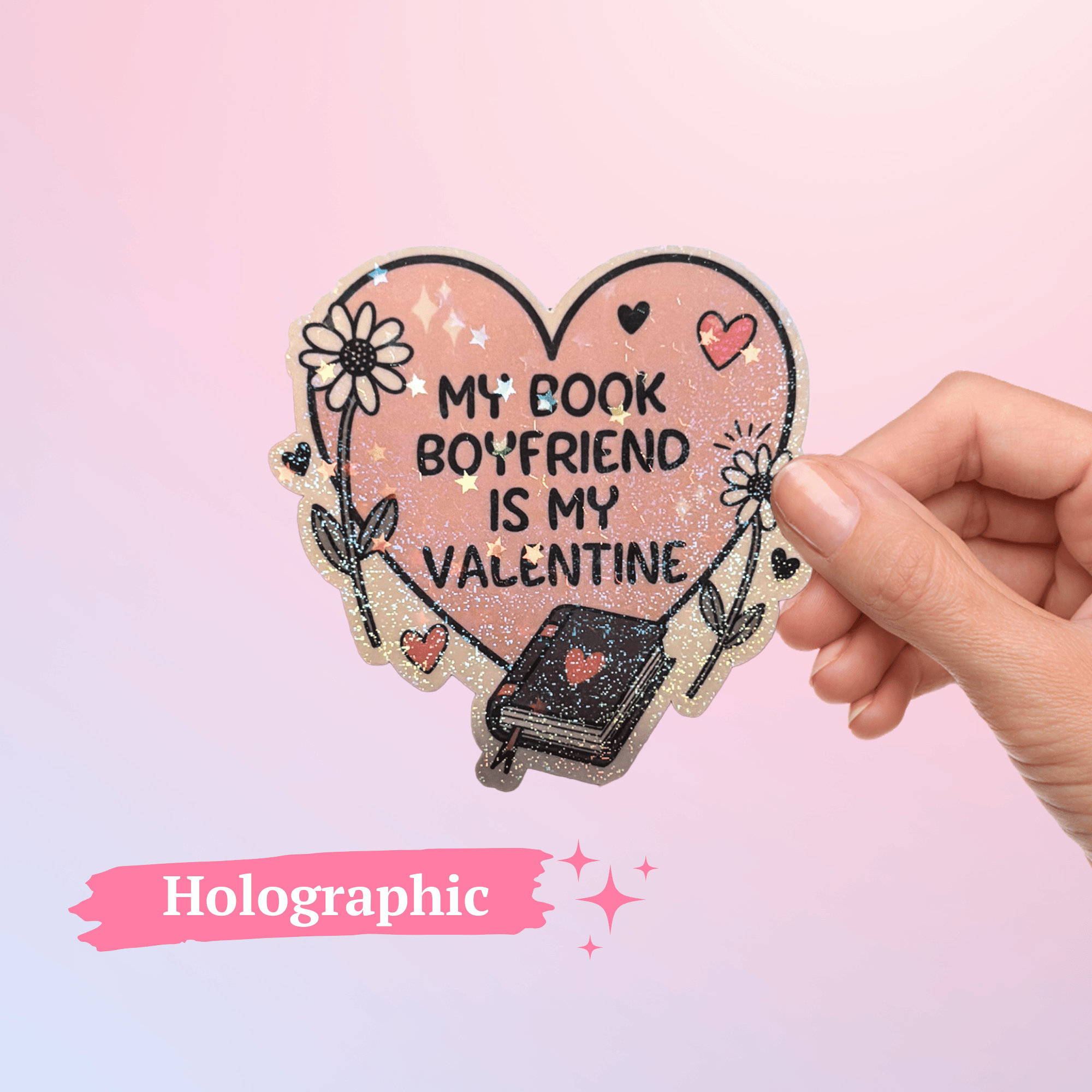 Bookish Valentine’s Day sticker with holographic book boyfriend design