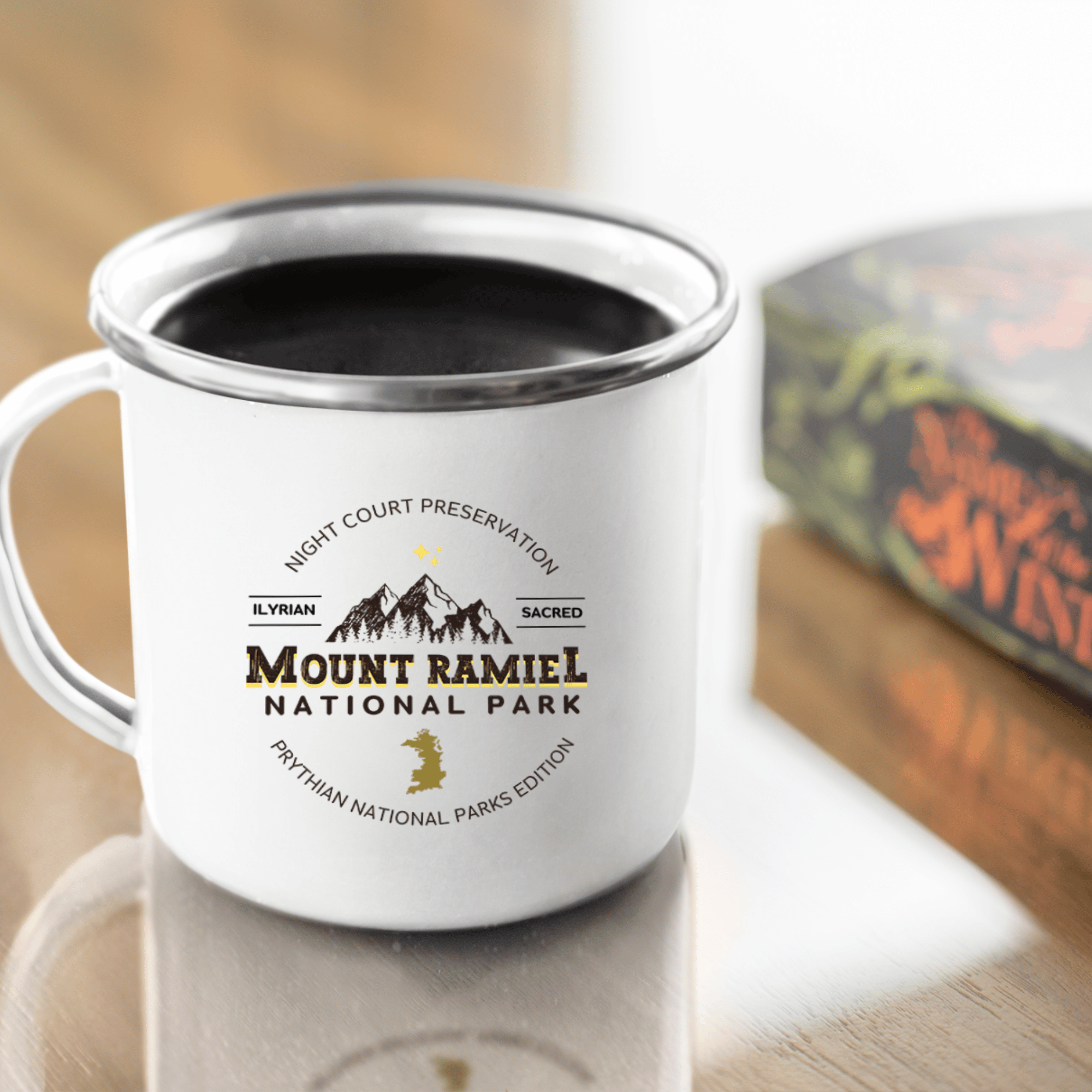 Mount Ramiel Design ACOTAR Enamel Mug Stainless Steel Coffee Mug Fantasy Travel Accessory Bookworm Present Young Adult Fiction Gift National Park Inspired Bookish Outdoor Gear Camping Accessory