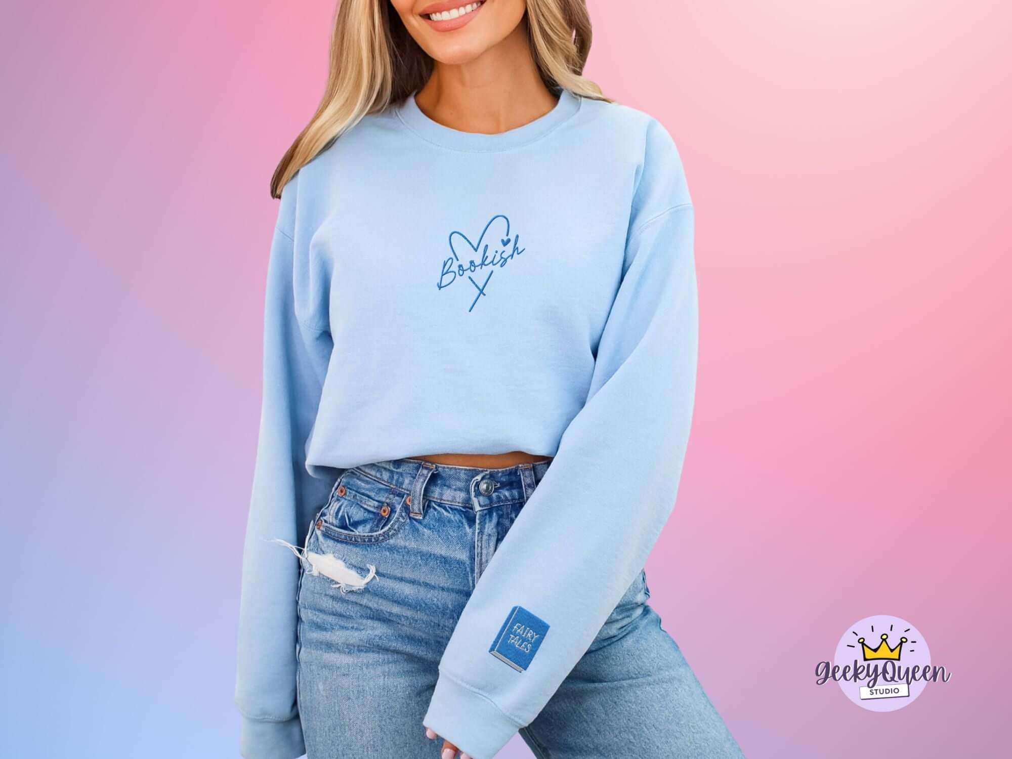 bookish embroidered sweatshirt with sleeve detail book club outfit