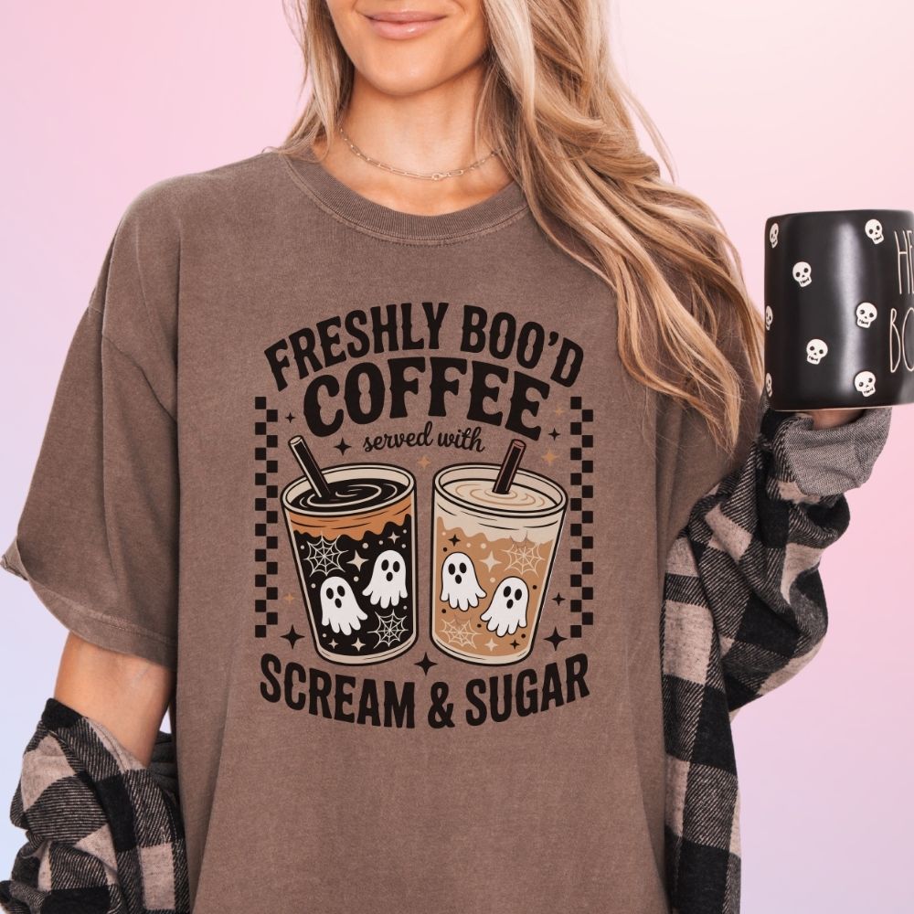 Freshly Boo’d Coffee tee, a cute Halloween t shirt for spooky season.