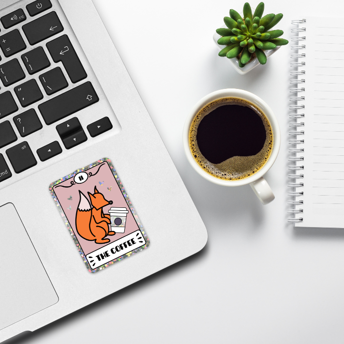 Holographic tarot-inspired decal for mugs and laptops coffee lover