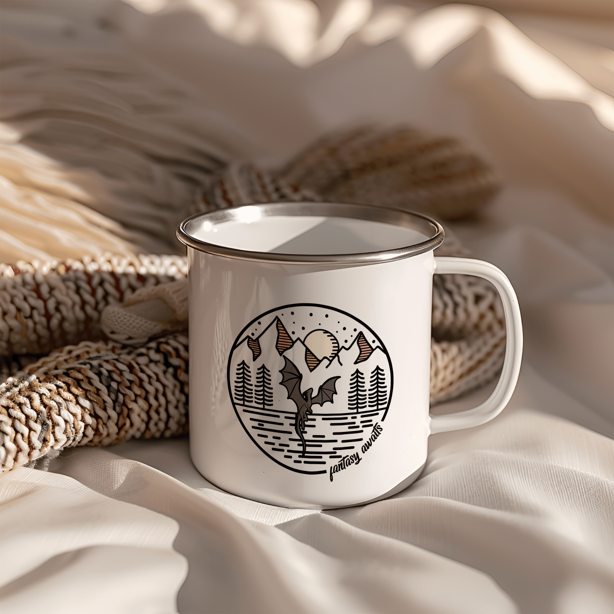 Fantasy Mug Enamel Camping Mug 12oz Capacity White Mug Dragon Mountain Scene Fantasy Awaits Text Book Lover Gift Outdoor Enthusiast Gift Customizable Unique Drinkware Bookish Decor