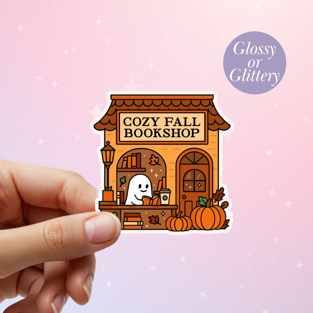 Cute autumn bookish sticker featuring a ghost reading inside a cozy bookshop.