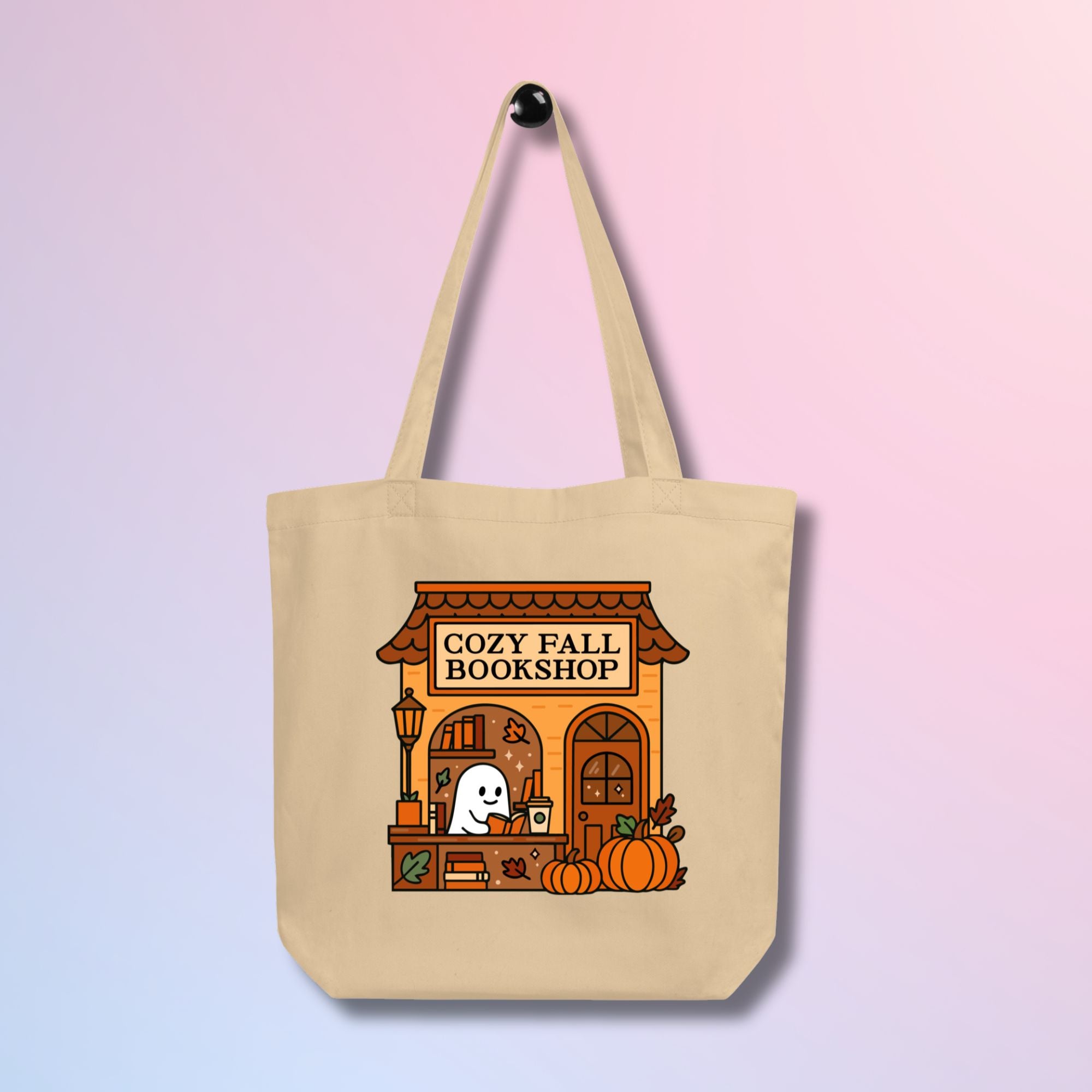 Cozy Fall Bookshop tote bag with autumn fashion vibes for book lovers.