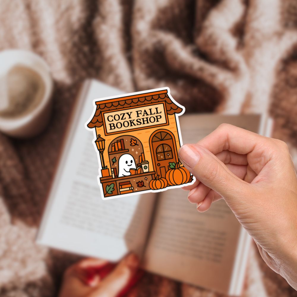 Adorable fall bookish merch sticker with pumpkins, ghost, and cozy vibes.