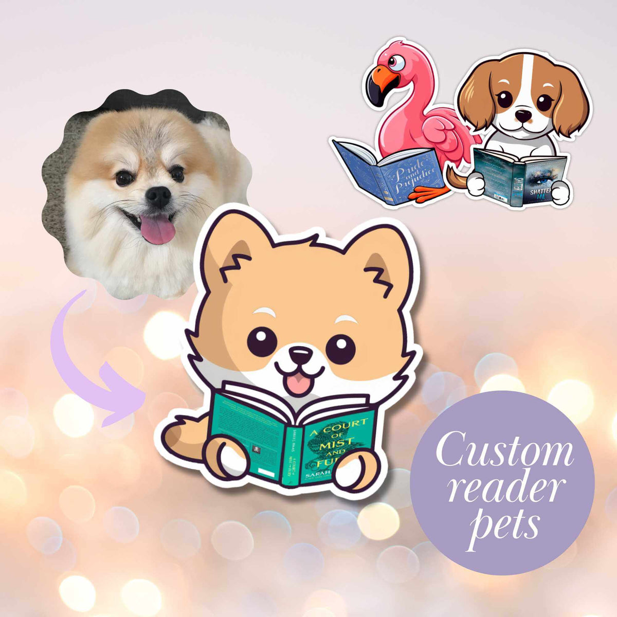 Bookish Queen Sticker Custom Pet Illustration Sticker - Personalized Gifts for Book Lovers