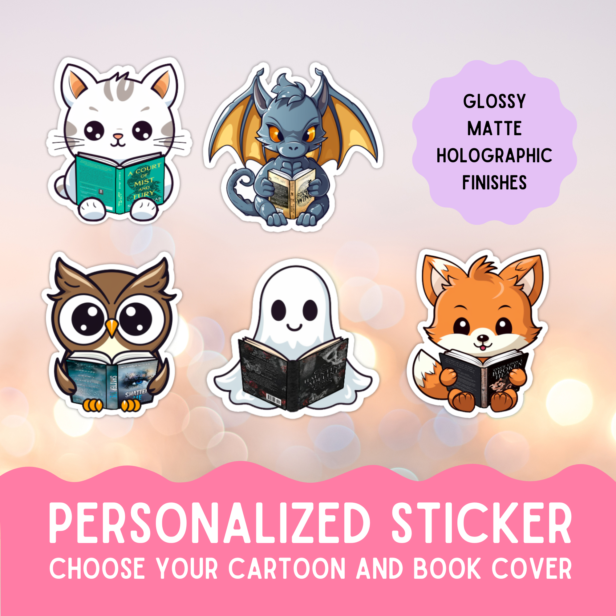 Custom cartoon reader sticker with book for book lover gift