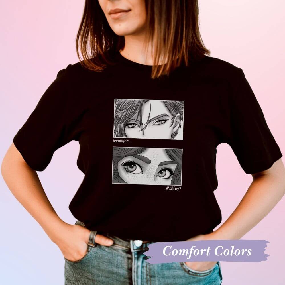 Dramione t-shirt with manga-style Draco and Hermione comic art
