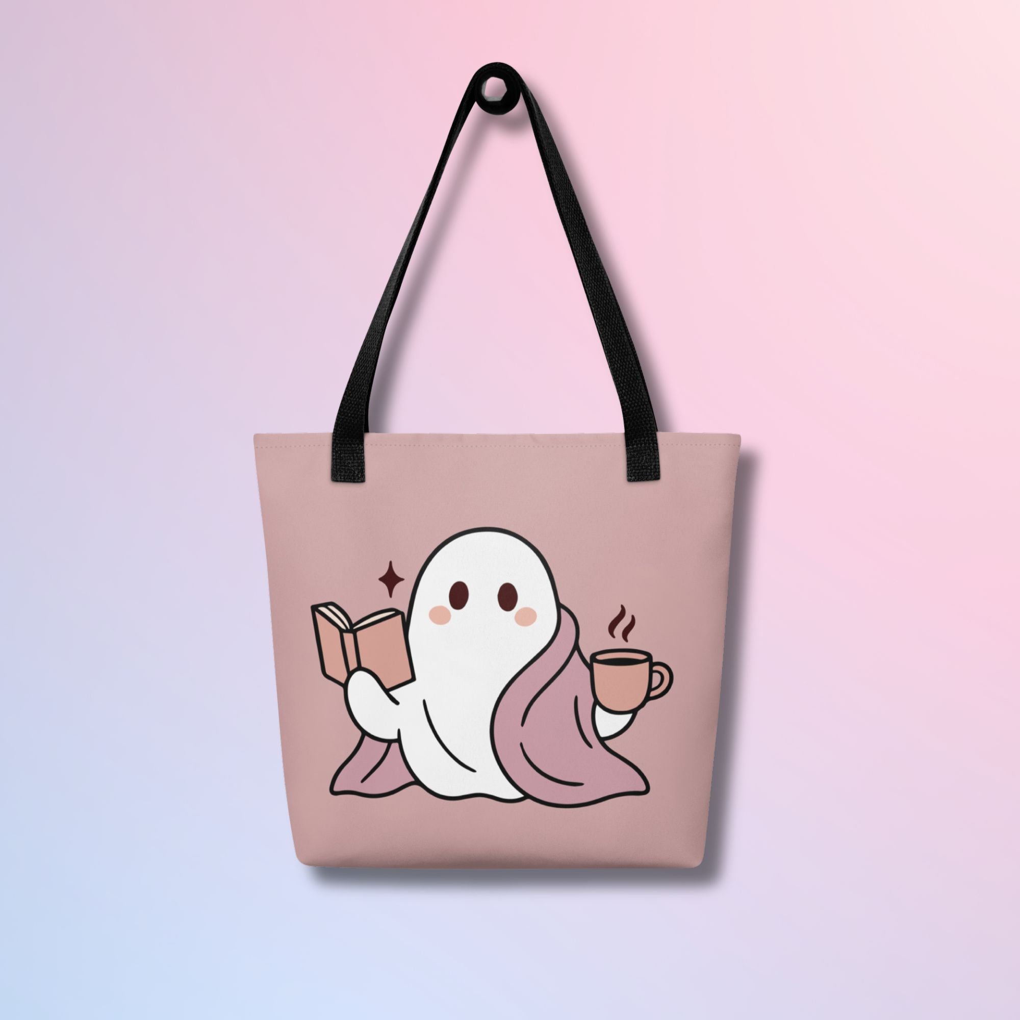 Cute ghost tote bag with large print, perfect Halloween tote for spooky season.