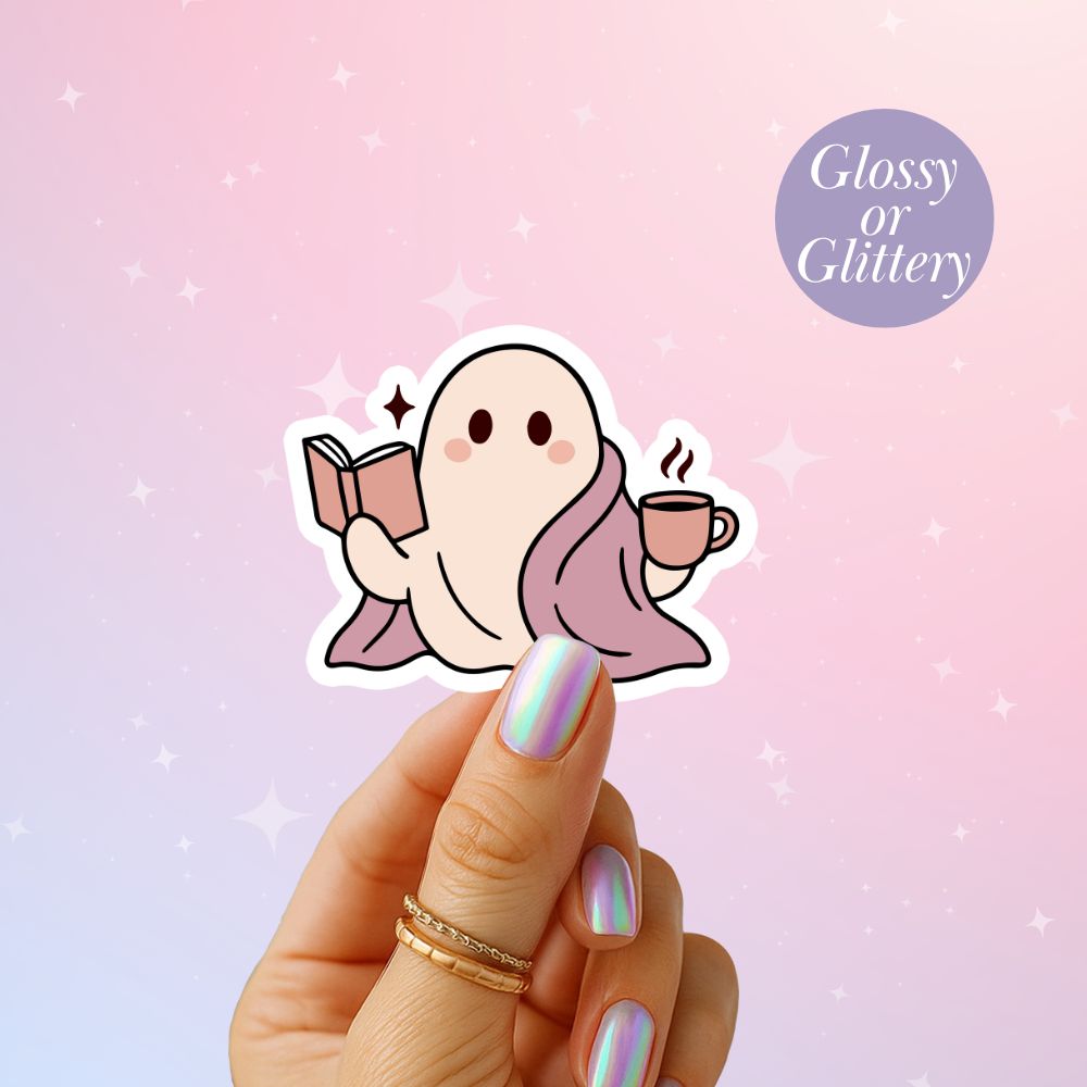 Fall bookish merch sticker featuring a ghost with blanket, book, and mug.