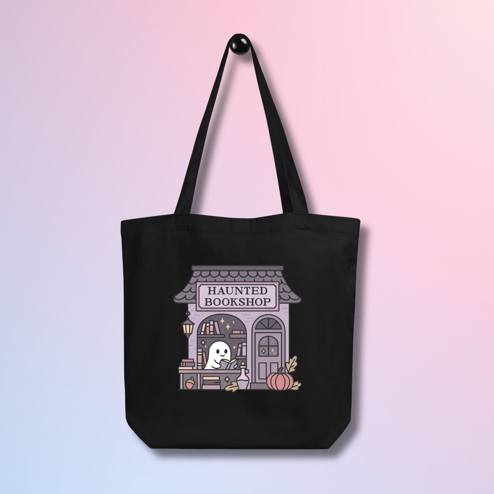 Haunted Bookshop organic cotton tote bag for book lovers and Halloween vibes.
